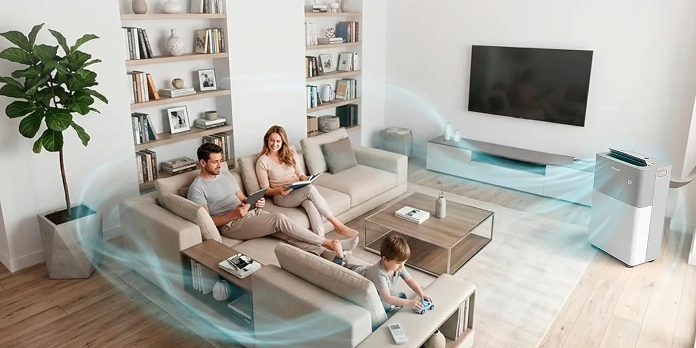 Famille installée dans un salon, le PortaSplit en marche diffuse de l'air frais dans la pièce