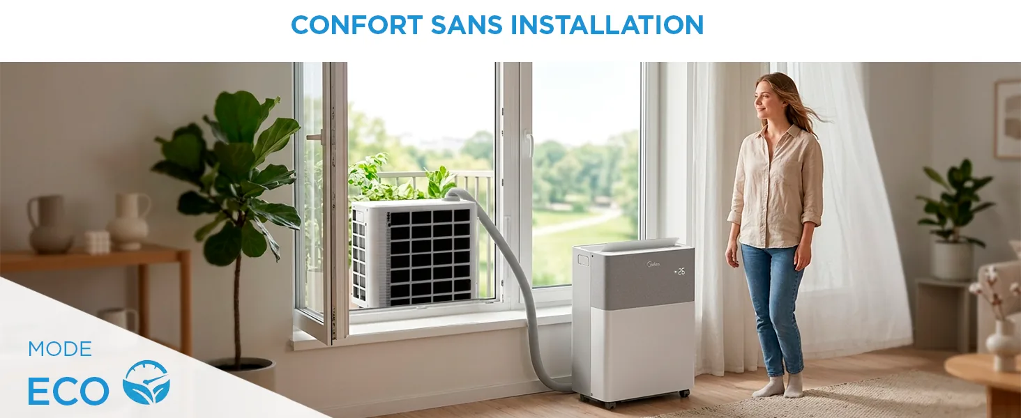 Confort sans installation : le PortaSplit posé devant une fenêtre ouverte, unité extérieure sur le balcon, mode ECO
