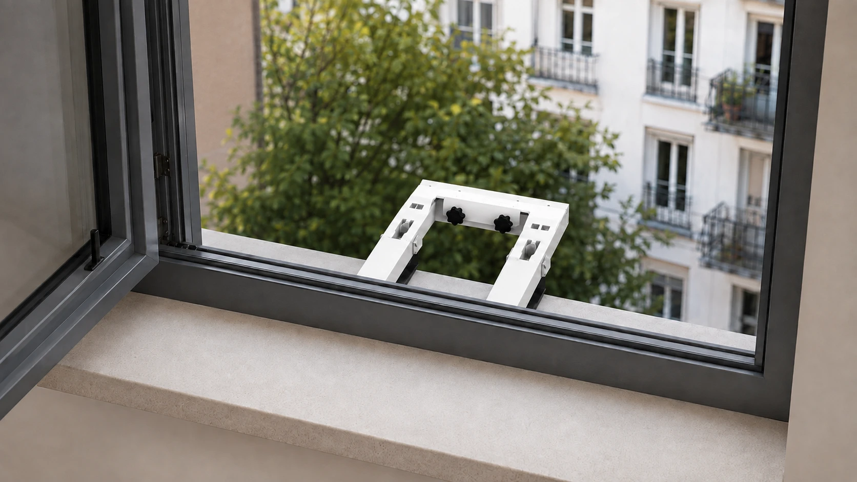 Support de fixation blanc serré par deux molettes noires sur le rebord extérieur d'une fenêtre ouverte, rails inférieurs entièrement visibles, sans aucun perçage