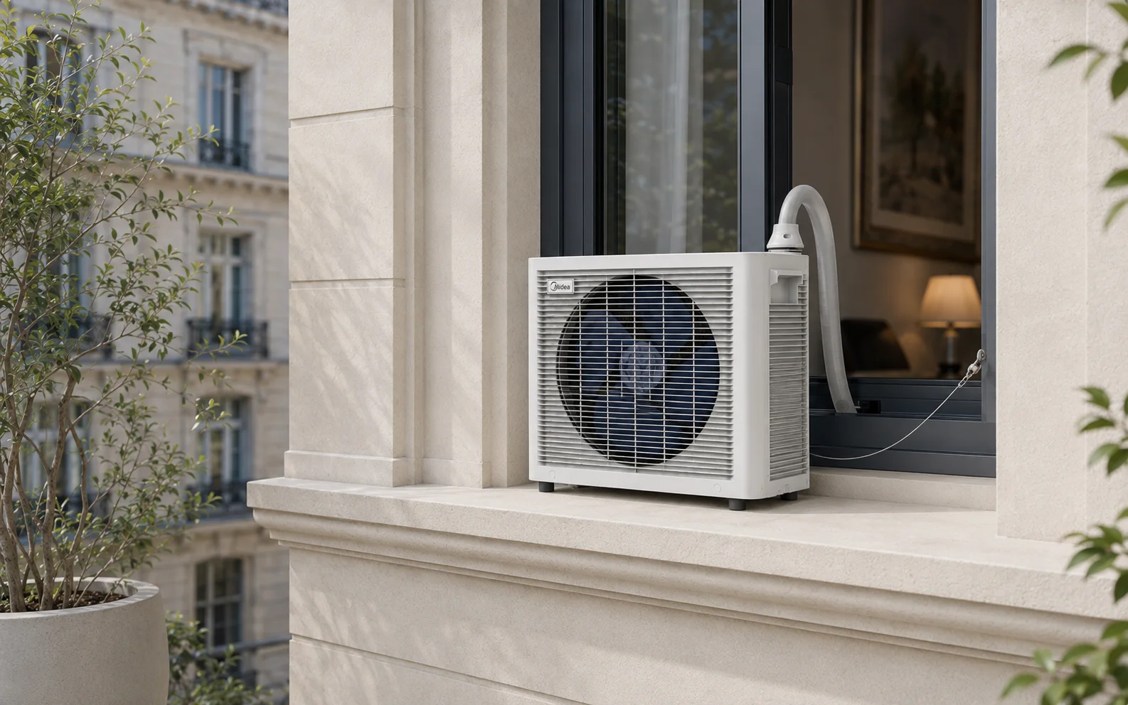 Unité extérieure du PortaSplit posée à plat sur un appui de fenêtre maçonné, sécurisée par le câble en acier fourni